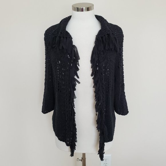 Chico's Sweaters - Chico's Size 1 Medium Black Open Front Knit Fringe